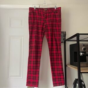 RUN & FLY England red black check plaid cotton blend slim skinny leg pants